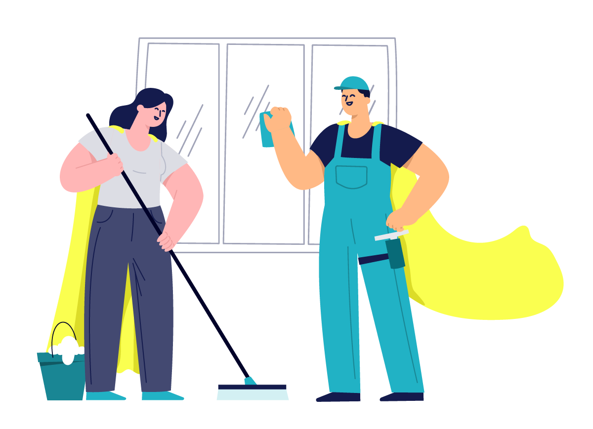 Illustration von zwei Reinigungskräften mit Reinigungszubehör bei der Arbeit