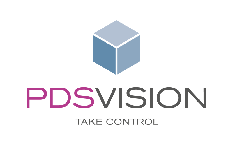 Logo von PDS Vision – Take Control mit einer Bildmarke eines Würfels