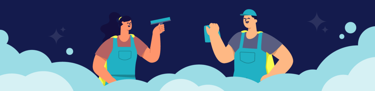 Illustration zweier Personen in Arbeitskleidung, die weibliche Person hat einen Fensterabzieher in der Hand, die männliche Person ein Reinigungstuch.